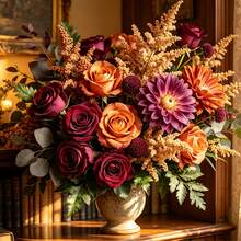 3pcs Autumn Mixed Artificial Flowers, Orange Red Peony Rose Dahlia Lavender Faux Bouquet For Home Cafe Wedding Photography Spring Decor - Multicolor - View 9