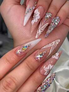 24 Stück lange Wassertropfen-Form Press-On Kunstnägel, glänzende Strass-Verlauf-Blumenmuster, süßer cooler europäischer Stil Damen Nagelaufkleber, neue Mode für Fingerspitzen, für Damenpartys, Tänze, Alltag-Outfit, Kunstnägel, Nagelkunst-Zubehör, Nagelkunst - Verschiedenfarbig - Übersicht 2