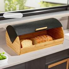 Large Black Wooden Bamboo Bread Box With Metal Lid, Kitchen Storage Container For Bread, Buns, Loaves, Pastries And Bread, Suitable For Modern, Traditional And Rustic Kitchen Interiors, Practical And Easy To Clean Bread Rack, Stylish Organizer For Fresh Bread And Baked Goods, With Roll-Top Lid - Bamboo Wood Food Storage Container, Bread, Snacks, Cupcakes, Muffins, Kitchen Utensil Organizer, Convenient, Vintage Style Storage Box, Easy To Set Up - brown with black - View 4