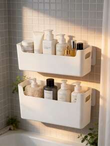 1/2 Packs No Drill Self Adhesive Wall Mount Plastic Storage Basket, Free Double Sided Adhesive Sticker Included, Punch Free Hanging Bathroom Cosmetic Organizer Caddy For Shower Kitchen Toiletries - White - View 9