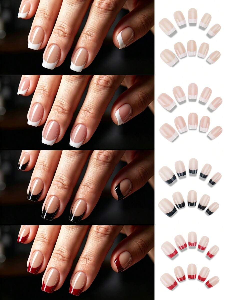 120pcs Classic French Style Short Coffin Shaped Fake Nails, Suitable For Women's Daily Life And Wedding Party, With Jelly Glue And Nail File.