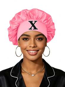 Satin Bonnet For Women, Silk Night Sleep Cap With Embroidered Letter Patches, Elastic Wide Band Hair Bonnet For Curly Hair Styling & Protection, Comfortable Loungewear Hair Wrap - Coral Pink - View 25