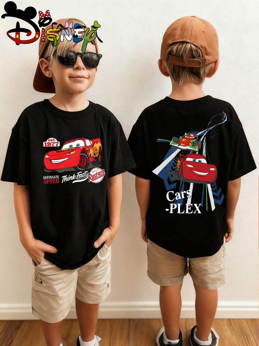 Disney Cars Kids T-Shirt, Lightning McQueen & "Cars-Plex" Double-Sided Graphic Tee, Black Short Sleeve For Boys & Girls - 黑色 - 查看 1