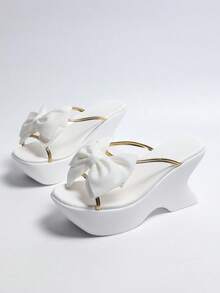 Cream White 3D Bow Open Toe Half-Slip Wedge Sandals, Summer Shoes, Unique Lightweight Heel, Gold Trim, Comfortable For Daily, Dating, Commuting - White - View 8