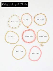 Set de 8 pulseras de cuentas de estilo bohemio con colgantes de estrella de mar y concha de cuentas de semilla rosa, pulseras de cuentas apilables de múltiples capas con cristal falso CCB para mujeres - Dorado - Ver 6