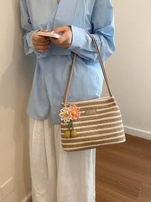 Nuevo bolso de hombro de paja con rayas de contraste coloridas estilo vacaciones de verano para mujer, con lindo dije de margarita, bolso de playa casual, bolso de axila tejido con rayas col - Multicolor - Ver 7