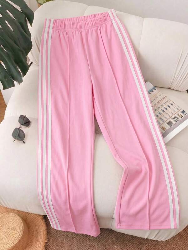 Girls' Elastic Waist Loose Wide Leg Pink Long Pants, All-Season, New Fashion Casual Outdoor College Versatile Minimalist Style, Suitable For School, Commuting, Social Gatherings, Daily Wear