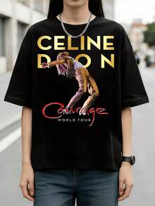 Retro Ladies Graphic Tee 100% Cotton  Dion Courage World Tour Golden Big Text Stage Performance Portrait Y2K Canadian Diva Fan Merch Concert Cas - 黑色 - 查看 1