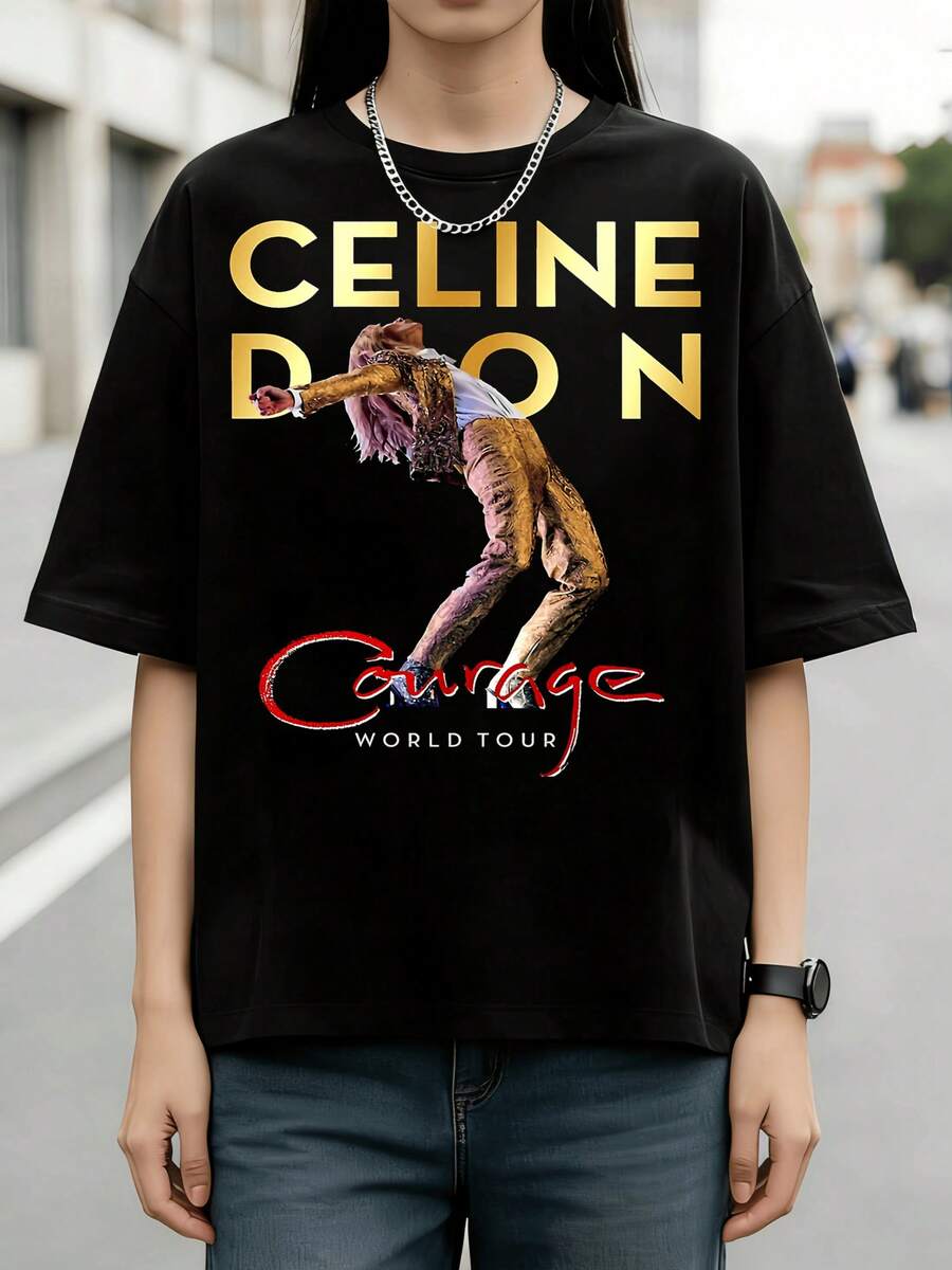 Retro Ladies Graphic Tee 100% Cotton  Dion Courage World Tour Golden Big Text Stage Performance Portrait Y2K Canadian Diva Fan Merch Concert Cas - 黑色 - 查看 1