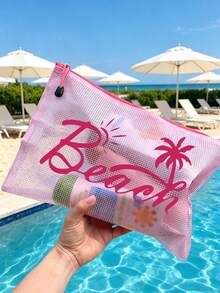 多色時尚沙灘包，印有「Beach」文字、棕櫚樹與太陽圖案。大容量透明化妝包，尼龍拉鍊，輕量，可收納防曬乳、比基尼與沙灘必需品。適合春夏，尼龍拉鍊盥洗包，輕量，可收納防曬乳、比基尼與沙灘用品。春夏收納，適合游泳、沙灘、潛水與夏季度假，學生返校，輕量防曬乳收納包，適合朋友、家人、好朋友、同學。完美禮物 - 彩色 - 查看 8