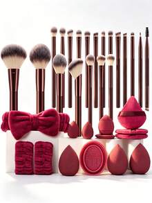 6/14/20/34PCS All-In-One Makeup Tools Set 20 Premium Cosmetic Brushes Beauty Sponges Triangle & Round Powder Puffs Plush Bow Hairband Wristbands Silicone Brush Cleaning Bowl Complete Daily Full Face Makeup Applicator Kit For Beginners - Multicolor - View 15