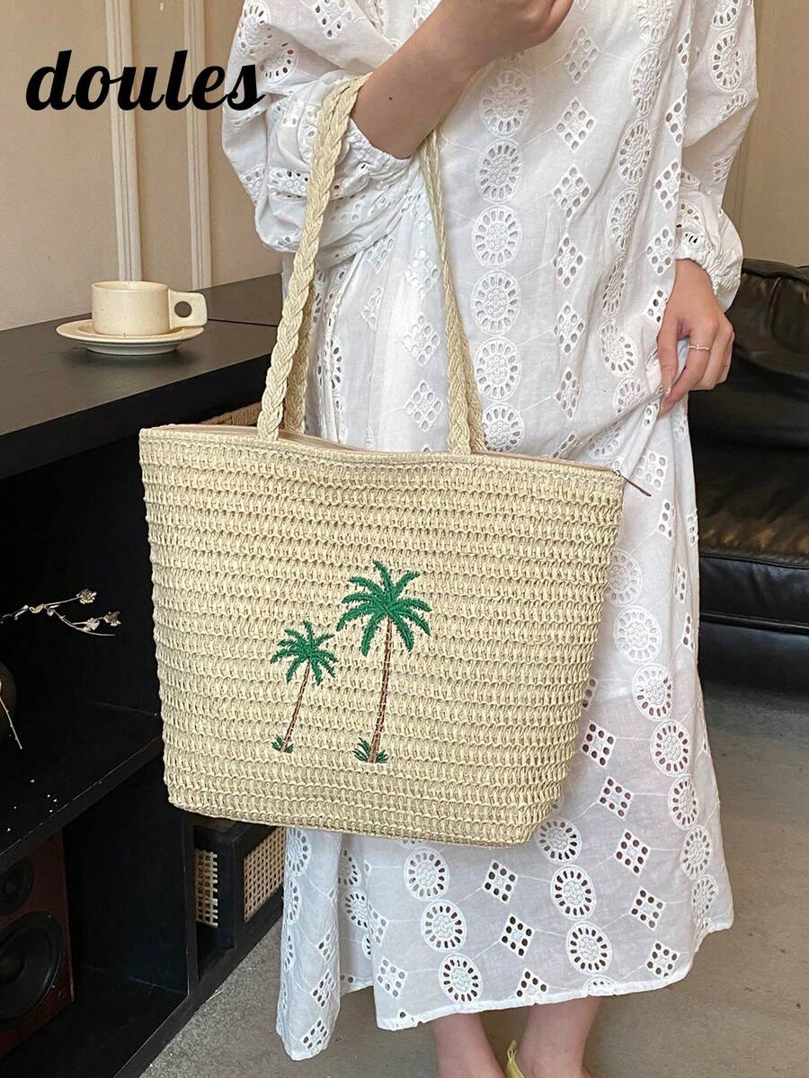 1個對比色草編女款雙肩背包肩背包，時尚大容量托特包，編織沙灘包，可手提或肩背，適合女孩、女性、大學生、新員工、白領，完美適用於度假、旅行、戶外、辦公室、學校、工作、商務、通勤、購物等場合