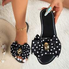 1 Pair Summer European & American Style Sweet Fashion Round Toe Women's Buckle Handmade Woven Bow Flat Slide Sandals - Black Floral Pattern - View 8