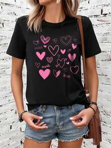 Chic Heart & Slogan Graphic Tee for Women - Soft 100% Cotton, Stretchy, Crew Neck, Short Sleeve - Perfect Valentine's Day Gift Tee For adult, Men, Women, Teen, Teenager, adolescent, Youth - nero - Visualizzare 1