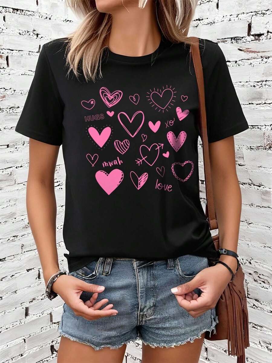 Chic Heart & Slogan Graphic Tee for Women - Soft 100% Cotton, Stretchy, Crew Neck, Short Sleeve - Perfect Valentine's Day Gift Tee For adult, Men, Women, Teen, Teenager, adolescent, Youth - nero - Visualizzare 1