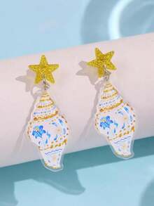 1 Pair Elegant Bohemian Design Fresh Unique Personalized Summer Marine Life Star Blue & White Print Seashell Acrylic Women's Earrings Suitable For Daily Commute, Summer Beach Party Wear Women's Jewelry - Multicolor - View 2