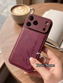 Personalized Initial Phone Case In Burgundy With Textured Design 3D Engraving & Hot Stamping Technology PU Leather Compatible With 17 16 15 14 13 12 11 Pro Max Plus Series Drop Protection Christmas & Anniversary Gift, Quiet Luxury - Burgundy - View 2