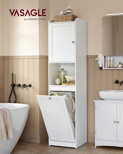 VASAGLE Armario alto de almacenamiento, unidad de almacenamiento con cesta de ropa extraíble, compartimento y armario, para baño, sala de estar, 15,8 x 15,8 x 66,9 pulgadas