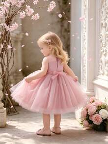 Baby Girls Round Neck Sleeveless Heart Mesh Flower Girl Dress, Headband Not Included - Dusty Pink - View 5
