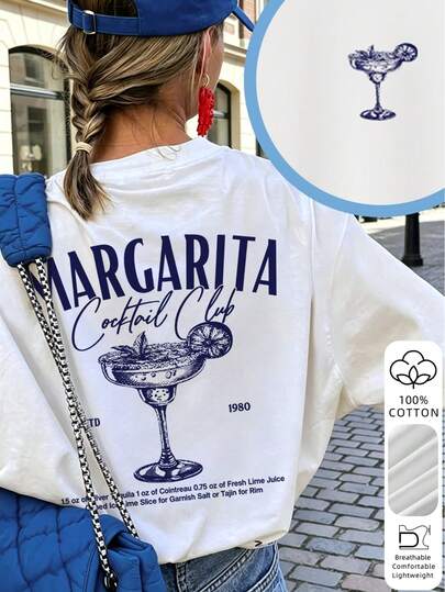 Camiseta de manga corta de algodón 100% con estampado de patrón de jugo de dibujos animados vintage para mujer, holgada y oversize, casual y versátil, nueva prenda de verano blanca para vacaciones
