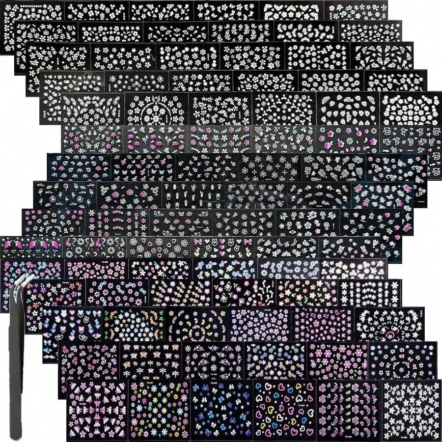 30pcs Colorful Nail Art Stickers, White And Pink Floral Pattern, 3D Self-Adhesive Nail Decals - 彩色 - 查看 1
