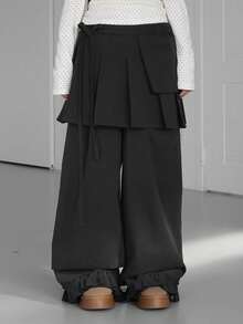 YCYC Gaya Korea Celana Panjang Kasual Berenda untuk Wanita Musim Semi/Gugur Vintage dengan Saku dan Tali Serut, Set Rok Lipit - Hitam - View 2