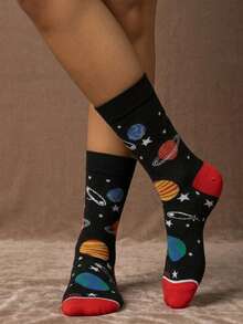 1 Pair Black Outer Space Print Mid-Calf Socks, Unisex, Colorful Planet Polyester Mid-Calf Socks, Breathable Sweat-Absorbing Novel Casual Socks - Multicolor - View 3