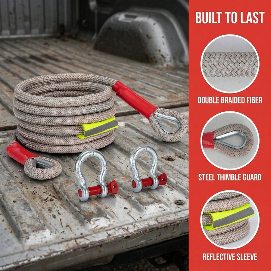Heavy Duty Synthetic Tow Rope With Soft Loops & 2 D Ring Shackles - Grey - View 1