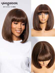 MEGALOOK Wig Bob Lurus T-Part 6x6 dengan Poni, Cokelat Tua, Tanpa Lem, 100% Rambut Manusia, Belahan Dalam 6 Inci, Sudah Dipetik, Simpul yang Dibleaching, Wig Bob Lurus dengan Lace Front untuk Wanita - S4 - View 3