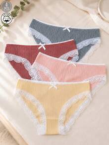 4 Packs Women's Ribbed Cotton Brief Panties, Lace Trim Bow Underwear, Soft Breathable Low-Rise Daily Intimates, Stretchy & Skin-Friendly Multicolor Pack - Multicolor - View 2