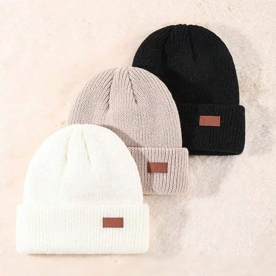 3 piezas / 1 pieza Gorro de punto unisex de unicolor con etiqueta de cuero, versátil y cálido, protección para las orejas, estilo minimalista, etiqueta pequeña, protección contra el frío, estilo japonés, versión coreana, otoño/invierno - Multicolor - Ver 1