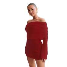 Vestido Mini Tejido Texturizado Azul Claro Sin Hombros, Banda Doblada con Fruncidos, Manga Larga Campana, Corte Ajustado para Citas y Fiestas Nocturnas - Albaricoque - Ver 5