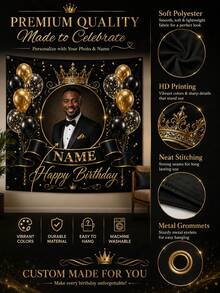 1件裝黑金生日牆掛橫幅，可客製照片與姓名派對背景布，奢華皇冠與氣球生日橫幅，適合成人與家庭慶祝，聚酯纖維布料附孔眼，拍照亭道具，里程碑生日活動裝飾 - 彩色 - 查看 7