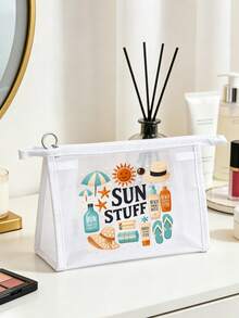 網格化妝包，帶化妝面具圖案，特色「Sun Items」字母設計，夏季防曬收納包，多功能化妝包，便攜收納包，化妝包，護膚包，旅行必需品，宿舍用品，浴室收納，珠寶收納，唇彩與化妝品收納包，學校用品包，化妝包假期必需品，化妝品收納，婚禮新娘禮物，母親節禮物，生日禮物，送給朋友和老師的禮物 - 彩色 - 查看 6