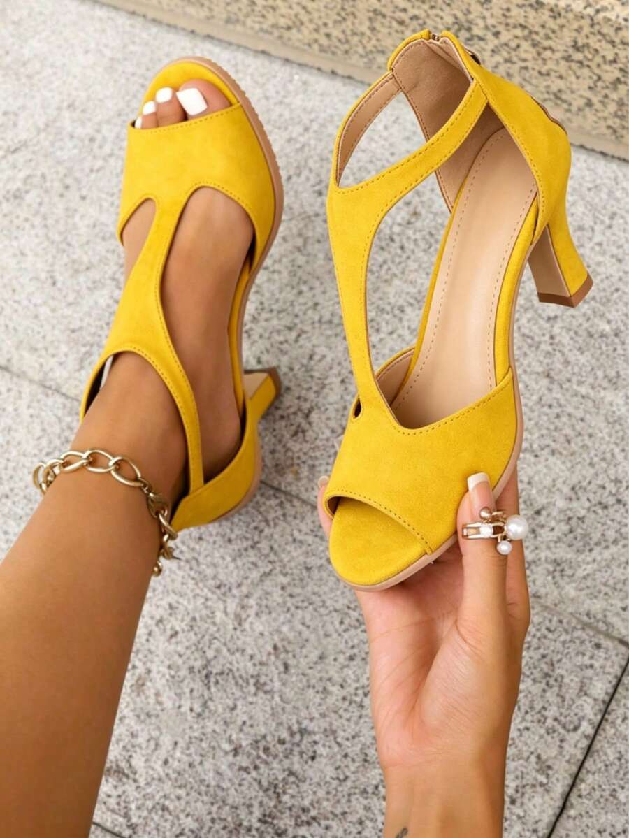2026 Hot Women's T-Strap High Heel Sandals, Open-Toe Solid Color, Non-Slip Sole For Wedding Party & Daily Matching - 黃色 - 查看 1