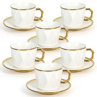 Juego de 6 tazas de cerámica para espresso con platillos – 100 ml, borde dorado, aptas para microondas y lavavajillas.