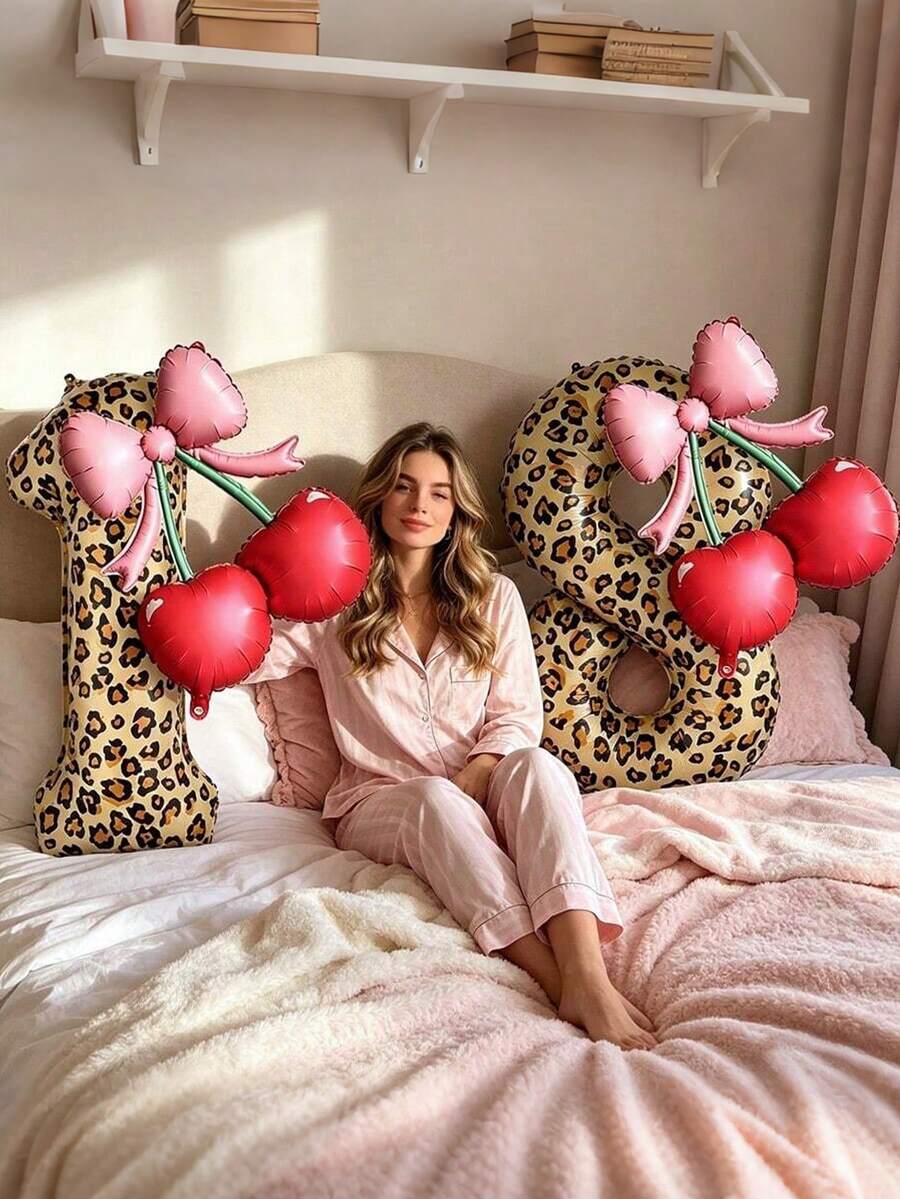 2pcs/Set 40-Inch Leopard Print Number Cherry Bow Balloon Set, Suitable For Wedding, Birthday Party Decoration, Anniversary, Bachelorette Party, Graduation Party Decoration, Leopard Theme Party Decoration, Room Atmosphere Decoration - Multicolor - View 1