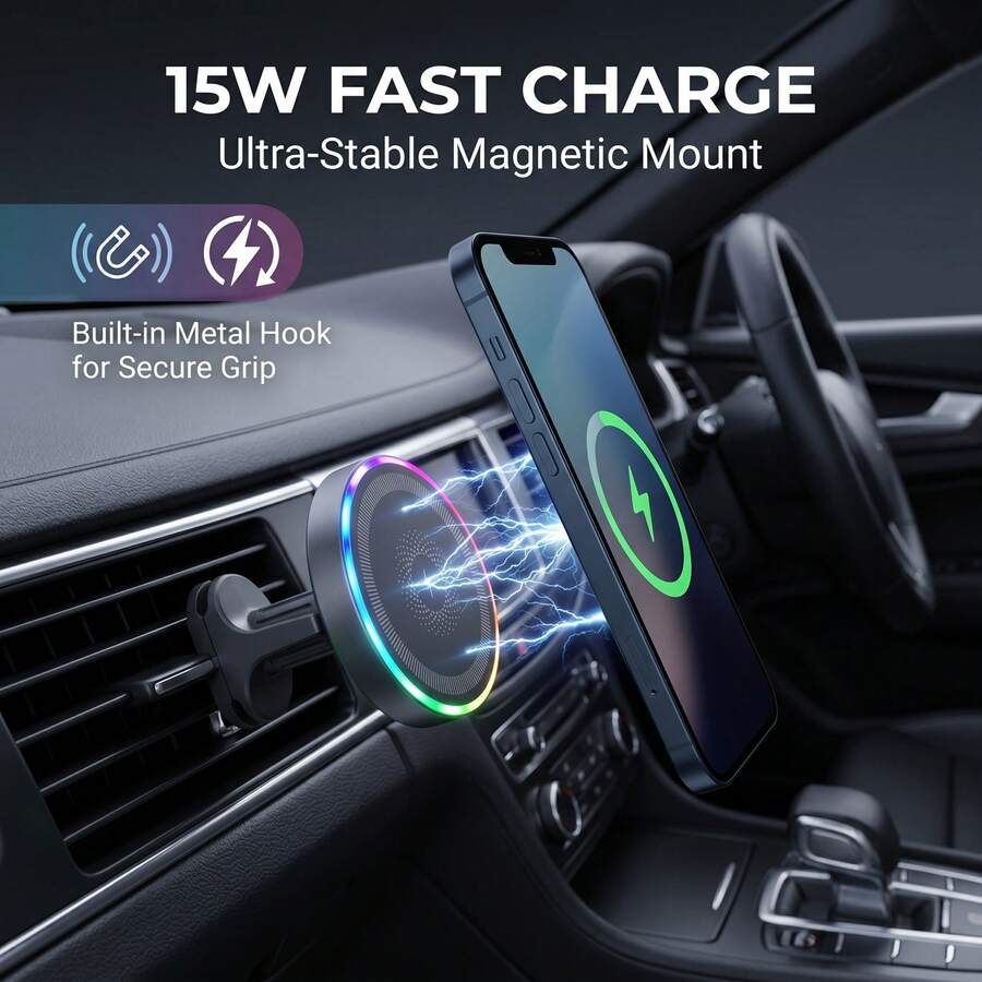 15W 自動夾緊無線車用充電支架，相容 iPhone 17/16/15/14/13/12/8 系列、Galaxy S25/S24/S23/S22/S21/S20/S10/S9/S8/S7/S6 系列、Note 20/10/9/8/5 系列
