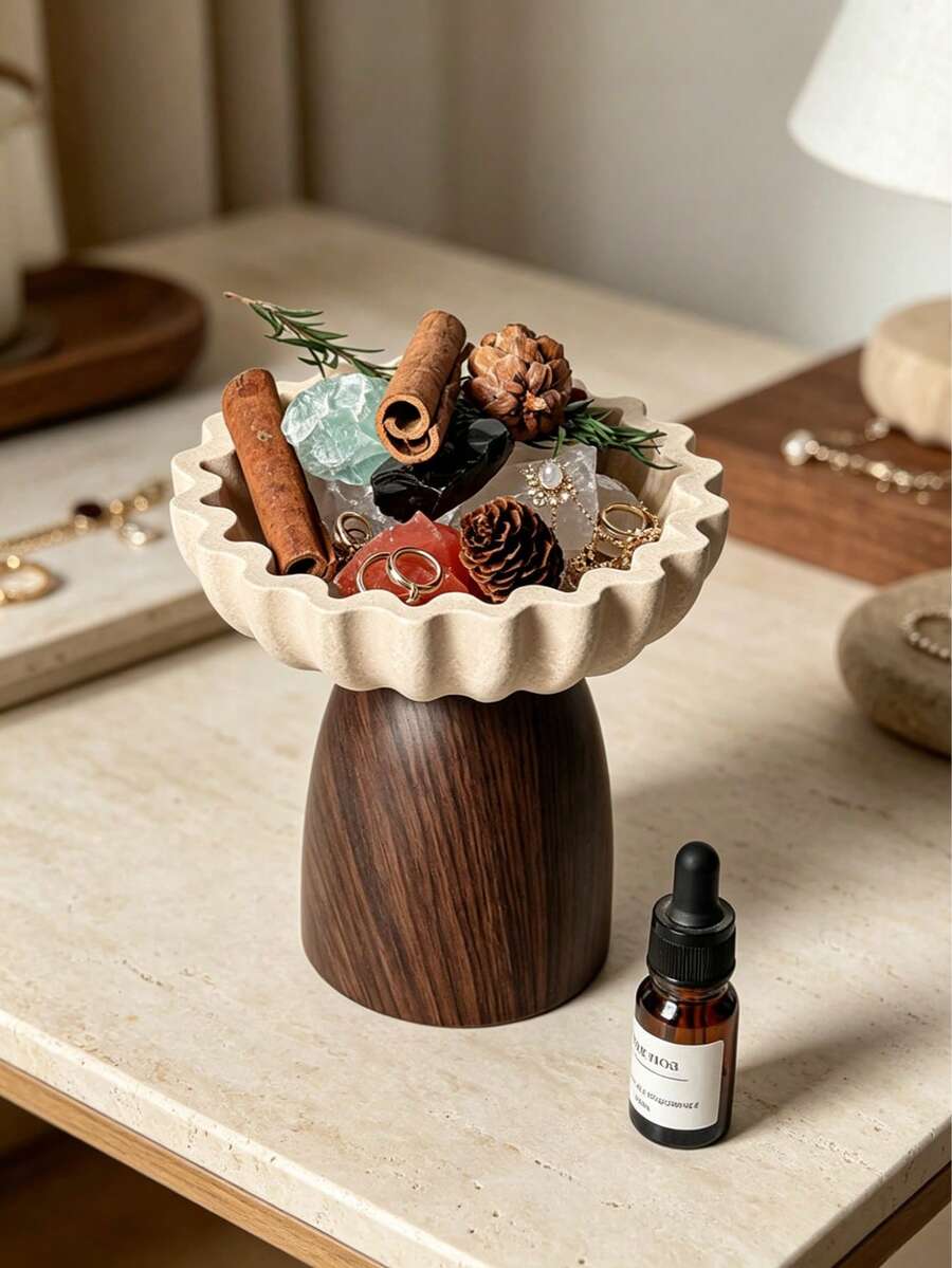 Elegant Wavy Pattern Jewelry Tray With Walnut Wood Base, Perfect Desktop Aromatherapy Storage Dish And Decorative Entryway Key Holder, Ideal Housewarming, Holiday Or Father's Day Gift - Multicolor - View 1