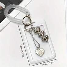 1pc Card Holder With Keychain - Cute And Practical Plastic Design, Suitable For Storing ID Cards, Credit Cards And Keys - Black And White Heart Pendant, Durable And Fashionable Women's Accessory - Heart-shaped Pendant + Spring + Card Holder - View 9