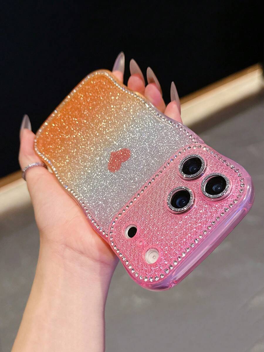 1pc Instant Star Diamond Wave Ombre Gradient 17 Pro Max/16 Pro Max/15 Pro/14 Phone Case, Heart Glitter Full Camera Coverage Shockproof Fashion Creative Women's Shell - Multicolor - View 1