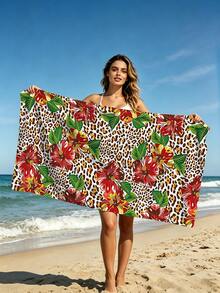 1pc Leopard Print Beach Towel, Fashion Leopard Floral Beach Towel, Microfiber Absorbent, Quick-Drying Beach Towel, Large Sand-Proof Beach Mat, Suitable For Vacation, Camping, Swimming, Bathroom, Summer Vacation Essential, Holiday Party Essential, Multi-Functional Beach Swimming Accessory - Coffee Brown - View 3