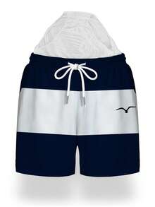 Pantalones cortos casuales de playa para vacaciones para hombre con estampado de bloques de color, cintura elástica con cordón, bolsillos inclinados y forro de malla - Blanco - Ver 3