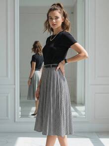 Elegant Houndstooth Patterned Mid-Length Pleated Skirt with Belt for Women - 黑色 - 查看 3