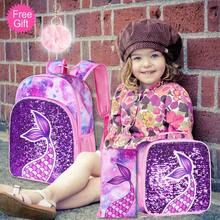 3 Pieces Girls Purple Mermaid Tail Scale Print Reversible Sequin Material Adjustable Straps Cute Style Backpack Set For Back-To-School & Daily Travel - Fish Tail - View 2