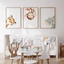 3 piezas de arte de pared enmarcado en lienzo para guardería, animales en acuarela, tigre lindo jugando al escondite, mono colgante y elefante asomándose, impresiones de arte, decoración de guardería estilo bohemio en tonos neutros, obra de arte enmarcada lista para colgar, adecuada para dormitorio de niños pequeños, sala de juegos, guardería, también como regalo de baby shower, regalo de pequeño tesoro, arte con tema de aventura y naturaleza, estética de tonos suaves, decoración de acento moderna y caprichosa para habitación infantil - Multicolor - Ver 3