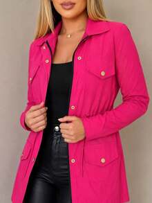 Women's Bengaline Parka Coat With Drawstring, Pockets, And Buttons - Hot Pink - View 4