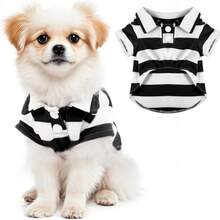 寵物貓狗服飾用品，吉娃娃小狗衣服，小貓用品，狗狗襯衫，條紋狗狗T恤，長袖小狗衣服，適合中小型犬貓，法鬥、臘腸、約克夏，狗狗時尚服飾，經典透氣可愛翻領條紋POLO衫，夏秋款中性小狗小貓衣服 - 黑色 - 查看 15