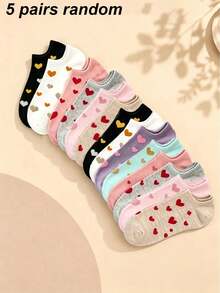 1/5/10 Pairs Women's Heart Pattern Solid Color Boat Socks, Sweet Comfortable Sweat-Absorbing Breathable Invisible Socks, Suitable For Daily Outings, All Seasons, Random Color And Style - Multicolor - View 9