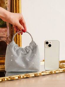Borsa da sera con decorazione in strass scintillanti, borsa con manico ad anello doppio, borsa da festa, borsa per telefono, borsa per rossetto, borsa alla moda versatile - Argento - Visualizzare 7